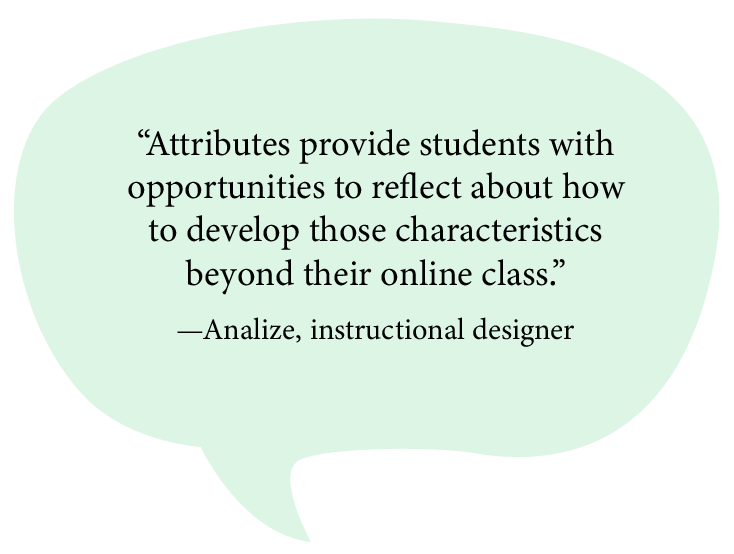 Attributes provide students with opportunities to reflect about how to develop those characteristics beyond their online class. —Analize, instructional designer